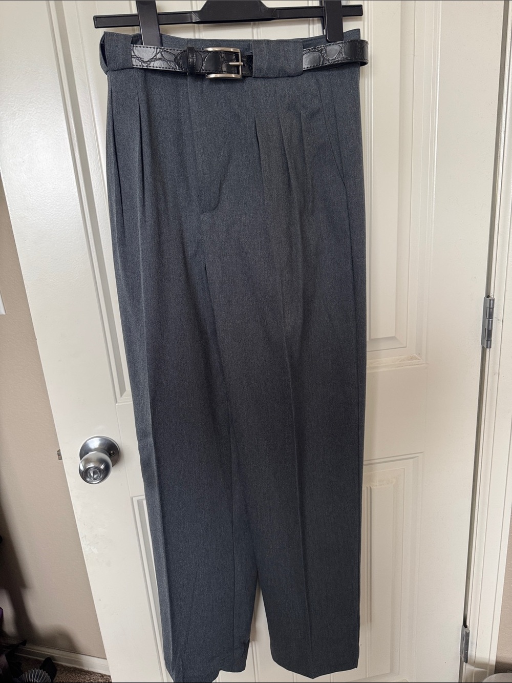 Dress Barn Women's Dark Gray Pleated Dress Pants with Black Belt